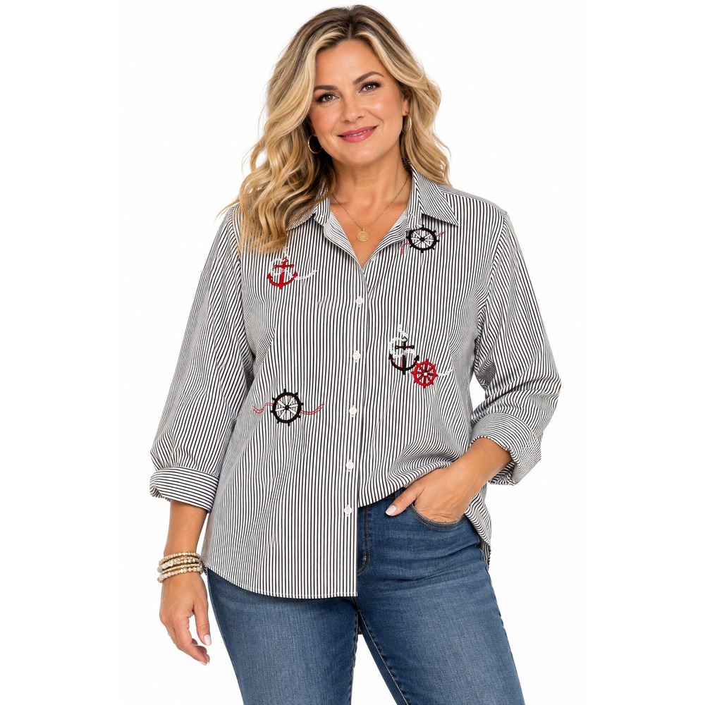 Allison Daley Womens Plus 18 Nautical Embroidered Striped Button Down Shirt